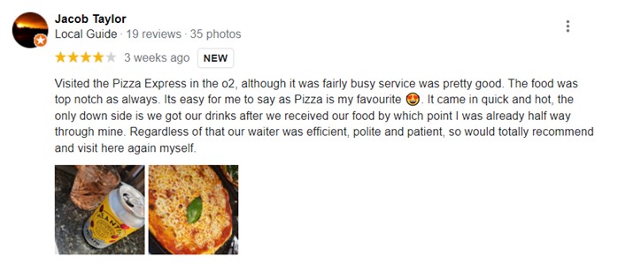 4 out of 5 star customer review rating which stated even though was busy the food was tasty and got drinks after half way into food