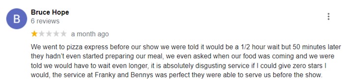 1 out of 5 star review customer rating from user who had to wait too long for their food.