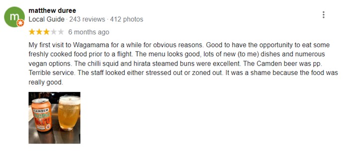 Google rating with user happy with food but not service