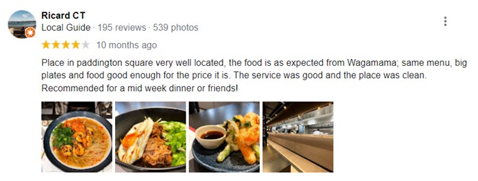 Google rating of user happy with food and service. Also the place is clean