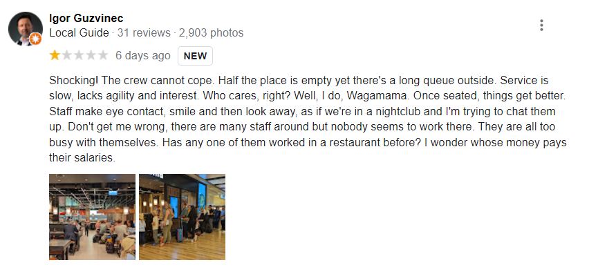 Bad review of 1 star. Customer complains about long waiting queues and lack of staff dealing with this