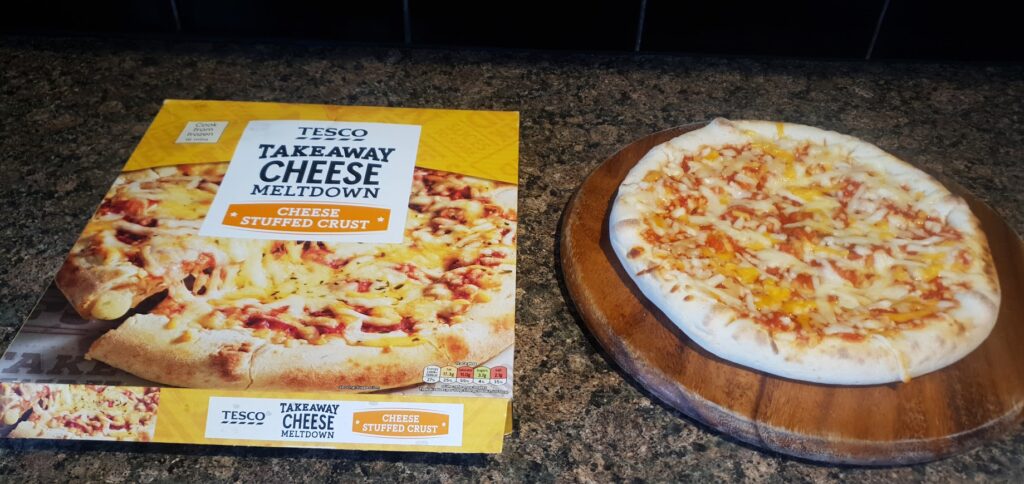 Tesco Stuffed Crust Cheese Takeaway Meltdown Pizza Cooked with packaging  