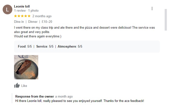 Best Pizza Express review - I went there on my class trip and ate there and the pizza and dessert were delicious! The service was also great and vert polite. 
