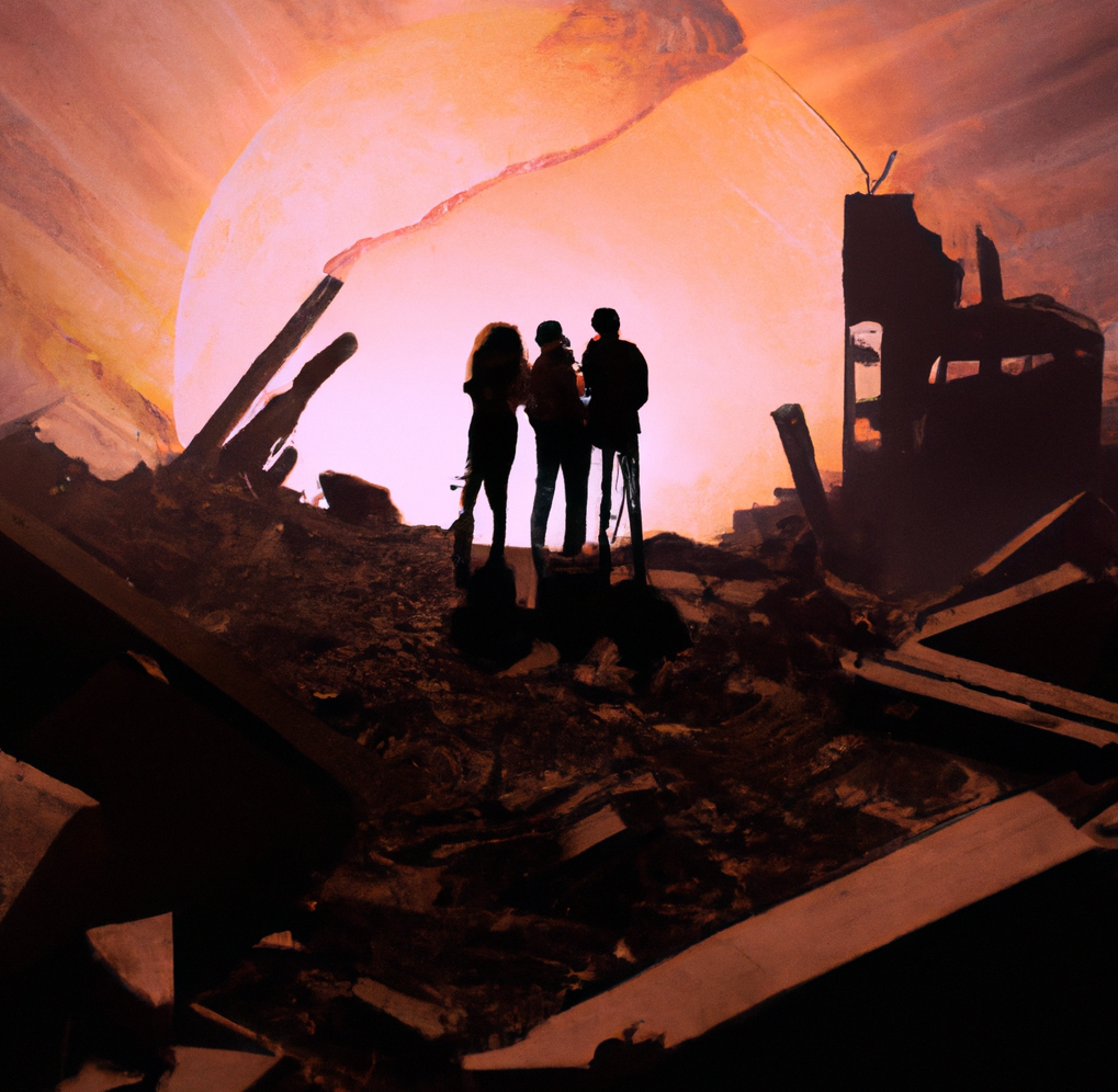 Iron Man as wolverine, Pepper Potts and War Machine stand on the rubble of broken facility 