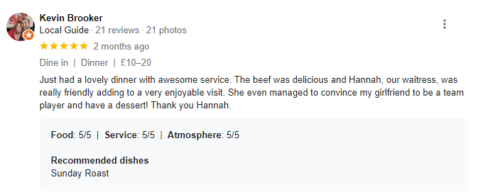 Customer had a lovely dinner at this Best Rated Toby Carvery with an awesome service. Beef was delicious and waitress ,Hannah, was friendly.  